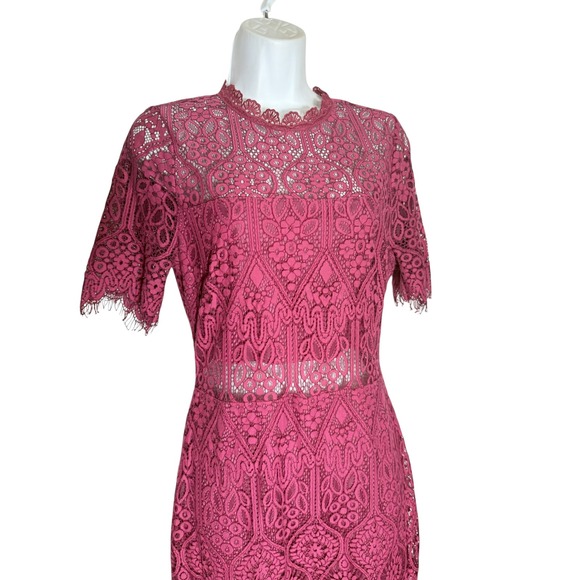 Lulus Dress Size M Remarkable‎ Fuchsia Lace Short Sleeve Mock Neck Midi 🩷🩷 - Picture 6 of 14
